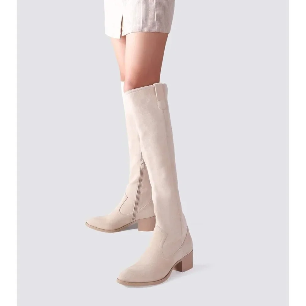 🆕Women's Beige Faux Suede Over The Knee Thigh High Chunky Heel Pointed Toe Boot